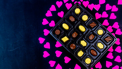 delicious chocolate surrounded by pink hearts on black background