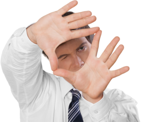 Young manager focusing on his target on white background