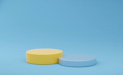 3D illustration of step podiums on a blue background creates an abstract scene with geometrical shapes. This scene is suitable for showcasing cosmetic product presentations and mock-up design 