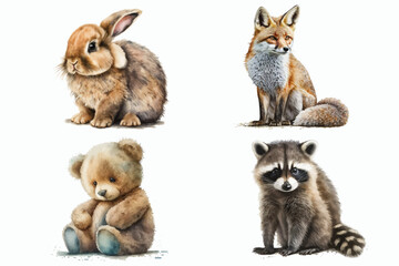 Set with teddy bear, rabbit, raccoon and fox in 3d style. Isolated vector illustration © Zaleman