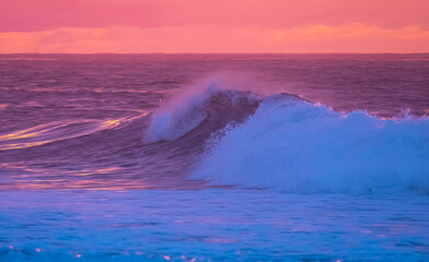 Ocean wave at sunset in pink and blue colors