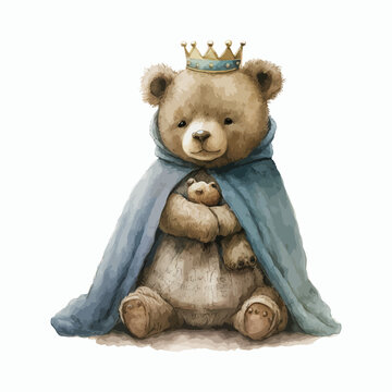 Plush bear in the king's costume in 3d style. Isolated vector illustration