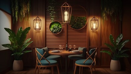 Fototapeta na wymiar Contemporary wooden furniture placed a stylish interior in the dining zone of the modern interior of the restaurant decorated with green plants and sconce lamps, interior design. Generative ai