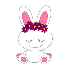 Pretty buuny and purple flowers on her head illustration design on white background.