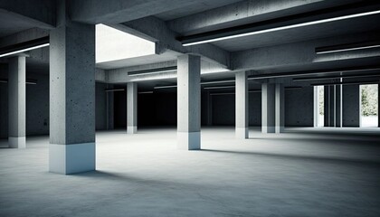 Front view of new empty underground parking with concrete columns, shiny asphalt, and nobody inside. Generative ai