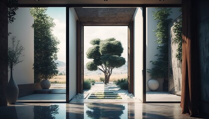 Large window in hallway of a modern villa overlooking the private pool. Generative ai