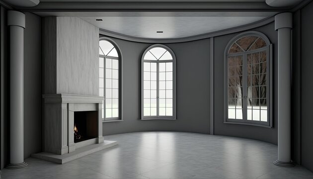 Light empty room interior with fireplace, panoramic window, and column. Generative ai
