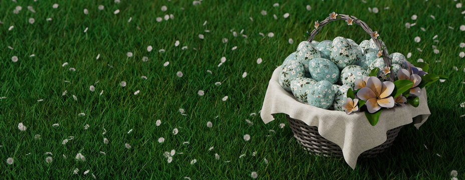 Decorated Easter Eggs with Flowers. Basket of Eggs on Green Meadow Grass with copy-space.