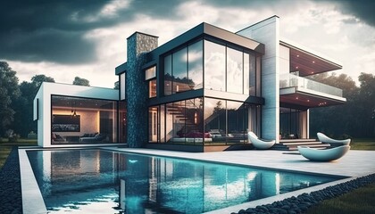 Pool and modern house. Generative ai