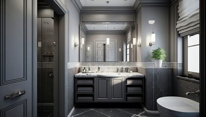Spacious bathroom in gray tones with heated floors. Generative ai