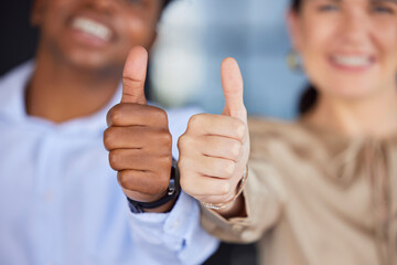 Hands, people and thumbs up for good job, winning or success at the office on blurred background. Hand of team showing thumb emoji, yes sign or like in agreement, trust or thanks for support or win