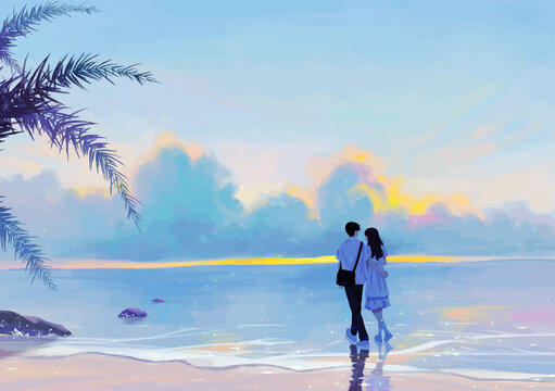 Japanese-Style Romance of lovers: Couple Standing Together on Beach, Radiating Love in the Soft Sea Breeze illustration 
