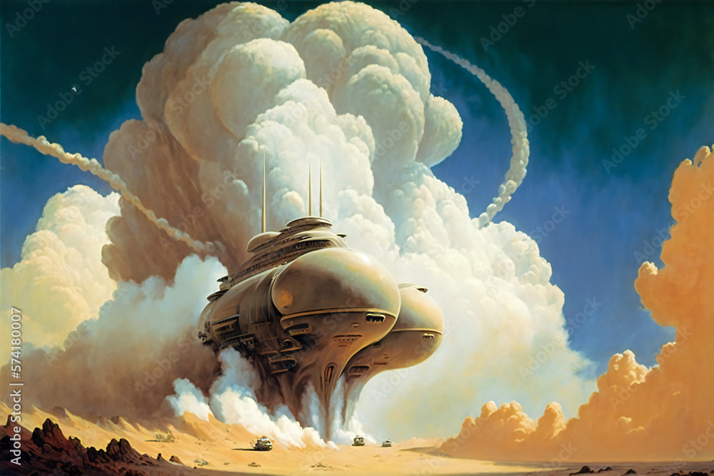 Poster Fantasy steampunk vehicle running on the desert surface of an alien planet, producing clouds of steam or smoke. Created with Generative AI technology.