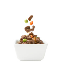 Wet food with vegetables for dogs and cats in a bowl