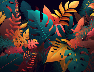 Abstract natural background with jungle flora and fauna. Creative background with exotic bright colorful leaves. Created with Generative AI