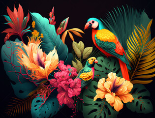 Abstract natural background with jungle flora and fauna. Creative background with exotic bright colorful leaves and birds. Created with Generative AI