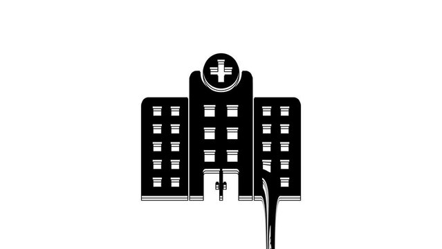 Black Medical hospital building with cross icon isolated on white background. Medical center. Health care. 4K Video motion graphic animation