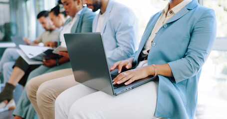 Hands, laptop or waiting and a business woman in line for her hiring interview with human...