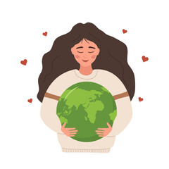 Happy Earth day. Smiling girl holding Planet with care and love. Caring for Nature and environment. Concept of ecological awareness. Vector illustration in flat cartoon style.