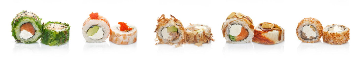 Sushi collection, on a white background. Delicious seafood dish with fresh produce and rice on a white background, symbolising healthy eating and wellbeing. Japanese food.