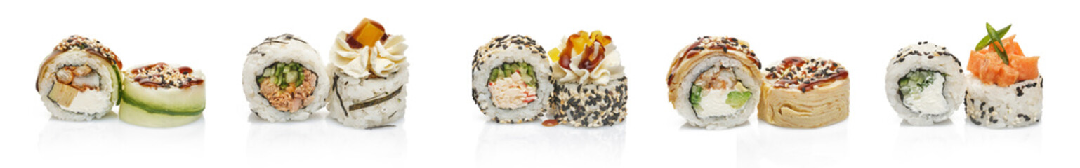 Sushi collection, on a white background. Delicious seafood dish with fresh produce and rice on a white background, symbolising healthy eating and wellbeing. Japanese food.