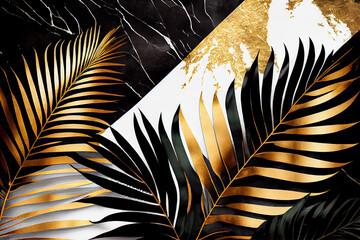 Palm leaves gold black white marble pattern. cover art.