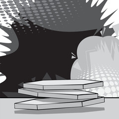 Cartoon Hexagonal gray Stage for mockup presentation. Comic Book Product podium Graphic Presentation. Vector Showcase Illustration.