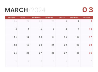 Monthly Calendar Template of march 2024. Vector layout of a wall or desk simple calendar with week start monday