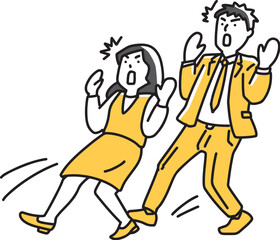 驚いて後ろに下がる会社員の男女