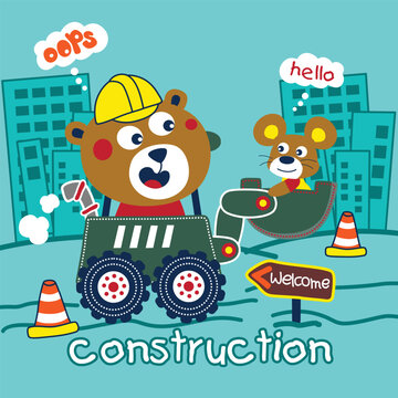 bear and mouse on the digger funny animal cartoon,vector illustration