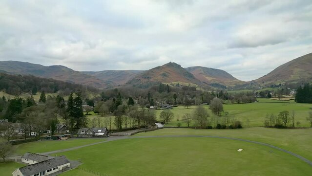Aerial view of Grassmere, village, town in the English Lake District, UK.