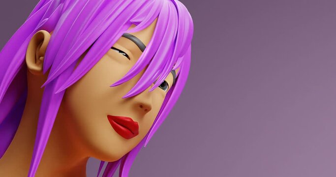 Anime manga 3D render girl with purple hair blinking at different speeds animation future sci-fi