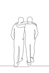 two friends walking hugging their shoulders - one line drawing vector. concept of going away or walking together with best friend, best friends together