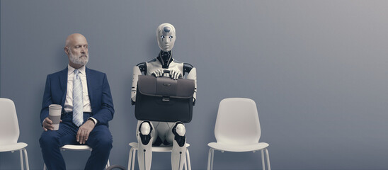 Fototapeta Man and AI robot waiting for a job interview obraz