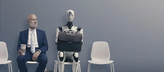 Deurstickers Man and AI robot waiting for a job interview © stokkete