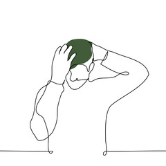 man puts a green military beret on his head - one line drawing vector. the concept of a soldier putting on a headdress