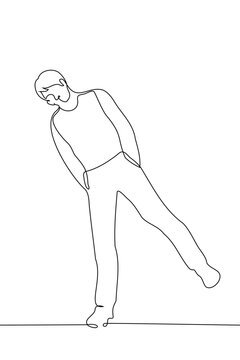 man stands on one leg leaning to the side with his hands in his pockets - one line drawing vector.  concept of balancing on one leg, bending over informally to look at something