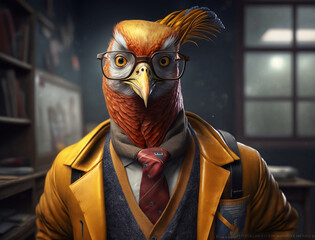 Portrait of Golden Pheasant dressed as Teacher in School/College, Wild animals in class room. Generative AI