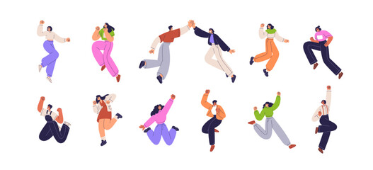 Fototapeta na wymiar Happy characters jumping from joy, fun. Young excited people celebrating success, achievement. Free active men, women with positive energy. Flat vector illustrations set isolated on white background