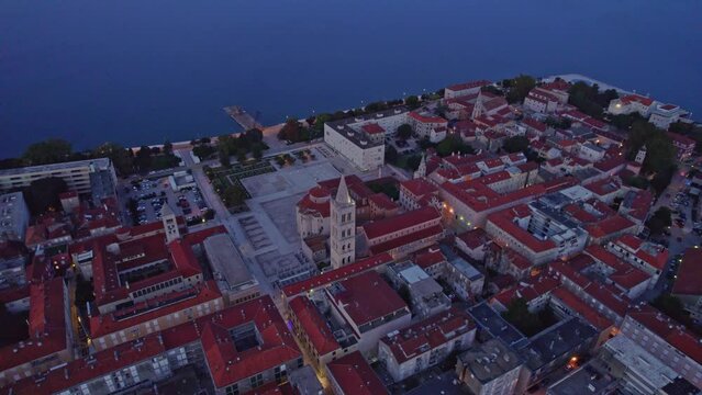 Old Zadar city square with Church of St. Donatus bell tower, early morning