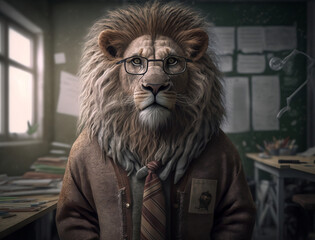Fototapeta na wymiar Portrait of Lion dressed as Teacher in School/College, Wild animals in class room. Generative AI