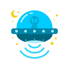 Cute alien in UFO flying shoot beam in space with crescent moon and stars cartoon character icon flat vector design