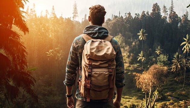 Rear view of man backpack travel in park garden and beautiful nature, Happy male tourist to travel in wild trip hiking during vacation Traveler and holidays. Non-existent person. Generative AI
