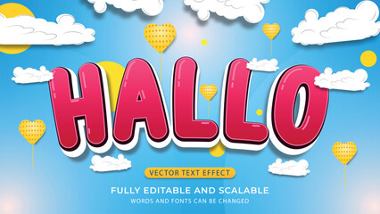 editable hello text effect with white clouds and airplane background