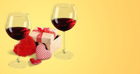 Tasty wine and gift. Valentine's Day concept
