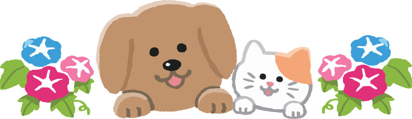 朝顔と顔をのぞかせる犬と猫（手描きカラー）