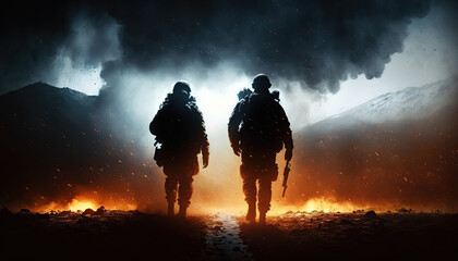 Obraz premium team of soldiers with weapons silhouetted against the sunset on battlefield with explosions. Generative AI
