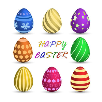 Happy easter. Set of realistic Easter eggs with different texture and ornament