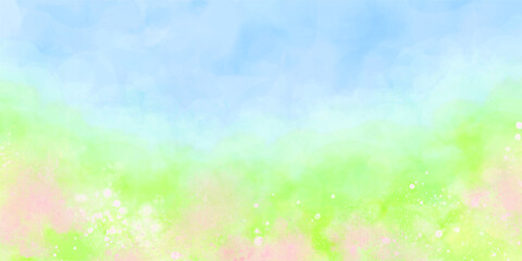 春の花畑と青空 抽象画 水彩イラストレーション背景 イースター, Easter Watercolor Background of Spring Flower Field and Blue Sky - obrazy, fototapety, plakaty