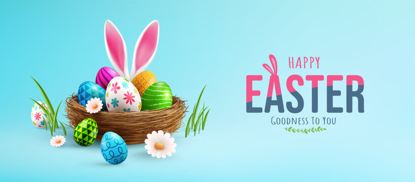 Easter poster and banner template with Easter eggs and bunny ears in the nest.Greetings and presents for Easter Day in flat lay styling.Promotion and shopping template for Easter